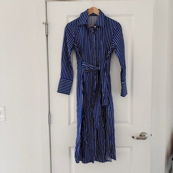 J.McLaughlin Orla Stripe Long Sleeve Tie Waist Button Front Midi Shirt Dress - Picture 5 of 9